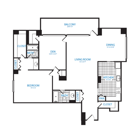 Floor plan for 1 bed, 2 baths, 1266 sqft