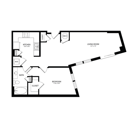 Floor plan for 1 bed, 1 bath, 816 sqft