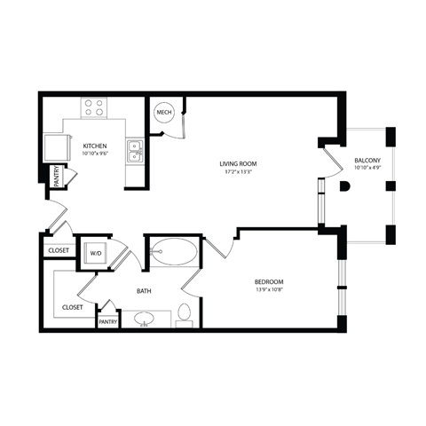 Floor plan for 1 bed, 1 bath, 738 sqft
