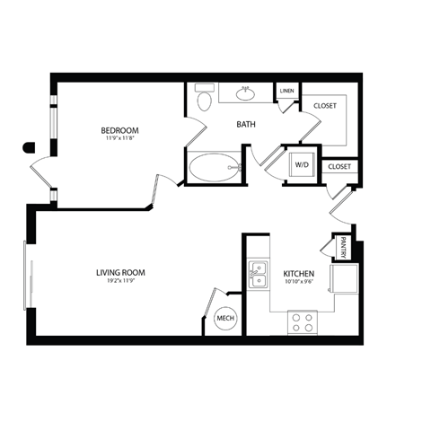 Floor plan for 1 bed, 1 bath, 732 sqft
