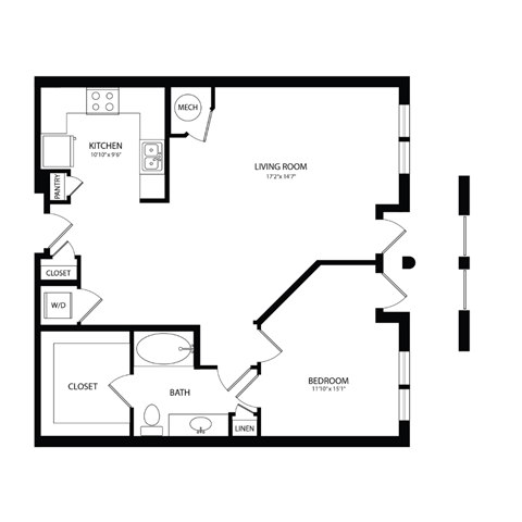 Floor plan for 1 bed, 1 bath, 896 sqft