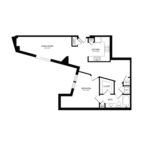 Floor plan for 1 bed, 1 bath, 954 sqft