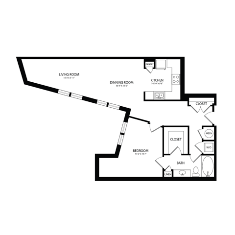 Floor plan for 1 bed, 1 bath, 961 sqft