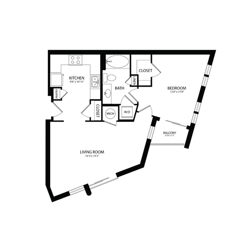 Floor plan for 1 bed, 1 bath, 722 sqft