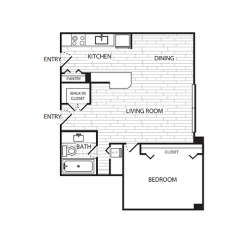 Floor plan for 1 bed, 1 bath, 905 sqft