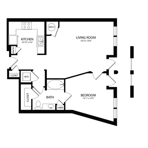 Floor plan for 1 bed, 1 bath, 785 sqft