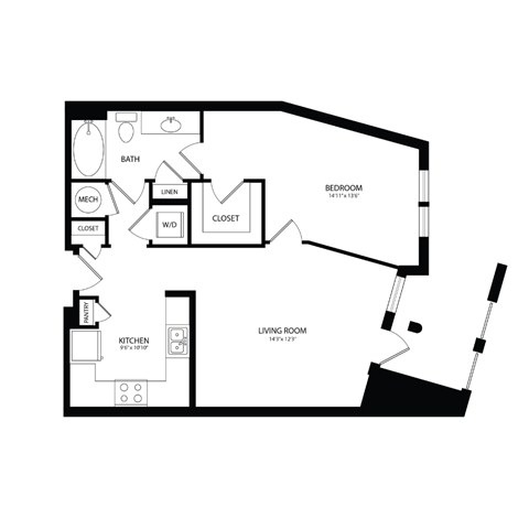 Floor plan for 1 bed, 1 bath, 770 sqft