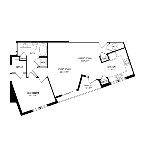 Floor plan for 1 bed, 1 bath, 823 sqft