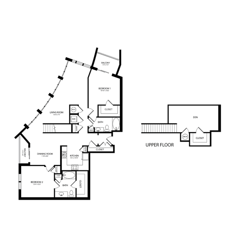 Floor plan for 2 beds, 2 baths, 1637 sqft