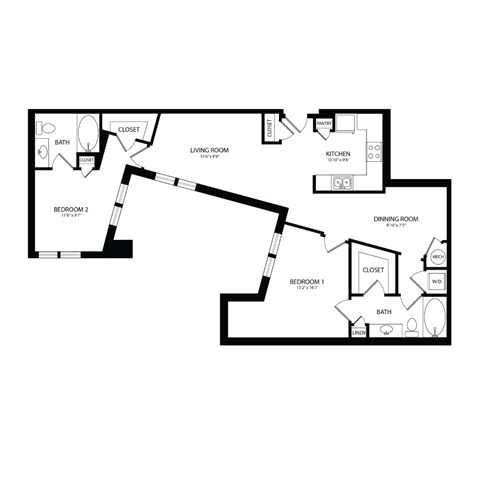 Floor plan for 2 beds, 2 baths, 1153 sqft