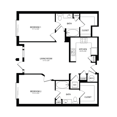 Floor plan for 2 beds, 2 baths, 1072 sqft