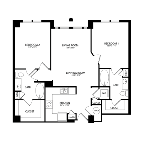 Floor plan for 2 beds, 2 baths, 1079 sqft