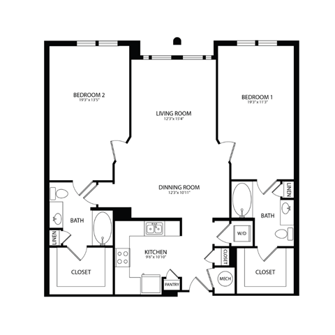 Floor plan for 2 beds, 2 baths, 1267 sqft