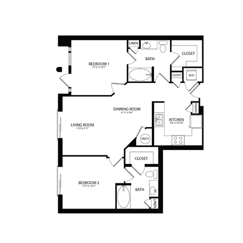 Floor plan for 2 beds, 2 baths, 995 sqft