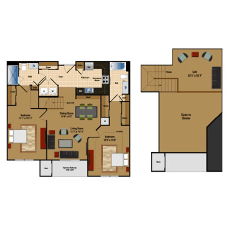 Floor plan for 2 beds, 2 baths, 1172 sqft