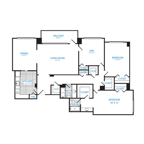 Floor plan for 2 beds, 2 baths, 1801 sqft