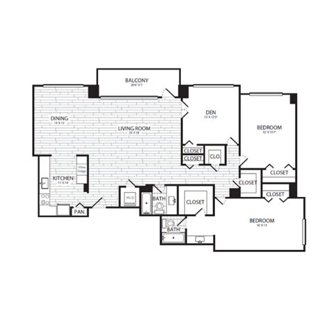Floor plan for 2 beds, 2 baths, 1801 sqft