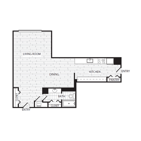 Floor plan for studio, 1 bath, 697 sqft
