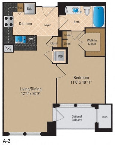 Floor plan for 1 bed, 1 bath, 700 sqft