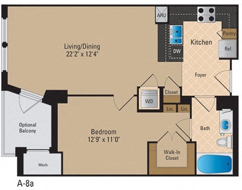 Floor plan for 1 bed, 1 bath, 740 sqft