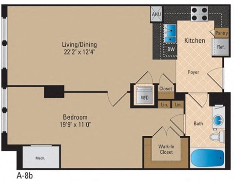 Floor plan for 1 bed, 1 bath, 793 sqft