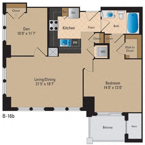 Floor plan for 1 bed, 1 bath, 909 sqft