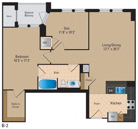 Floor plan for 1 bed, 1 bath, 986 sqft
