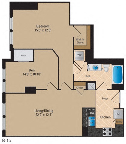 Floor plan for 1 bed, 1 bath, 1005 sqft