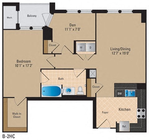 Floor plan for 1 bed, 1 bath, 975 sqft