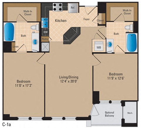 Floor plan for 2 beds, 2 baths, 1103 sqft