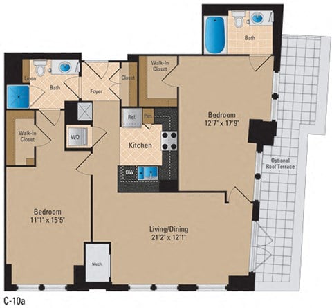 Floor plan for 2 beds, 2 baths, 1140 sqft