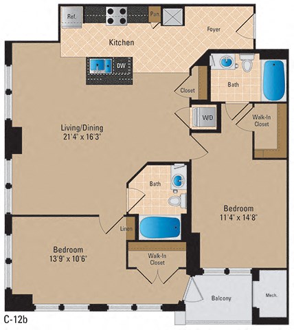 Floor plan for 2 beds, 2 baths, 1177 sqft