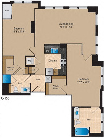 Floor plan for 2 beds, 2 baths, 1289 sqft
