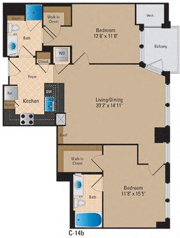 Floor plan for 2 beds, 2 baths, 1072 sqft