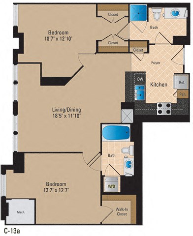 Floor plan for 2 beds, 2 baths, 1074 sqft