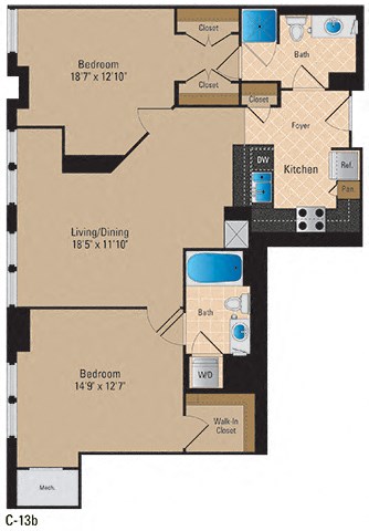 Floor plan for 2 beds, 2 baths, 1082 sqft