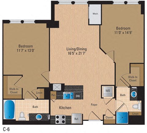 Floor plan for 2 beds, 2 baths, 1070 sqft