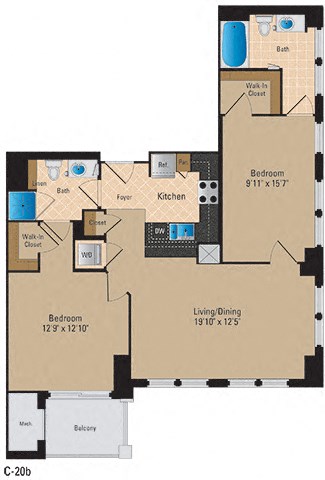 Floor plan for 2 beds, 2 baths, 1090 sqft