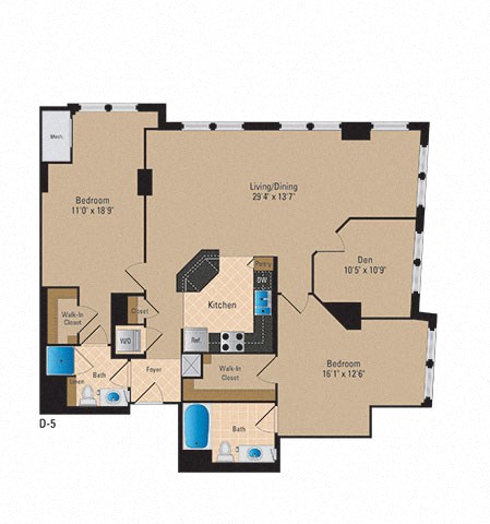 Floor plan for 2 beds, 2 baths, 1417 sqft