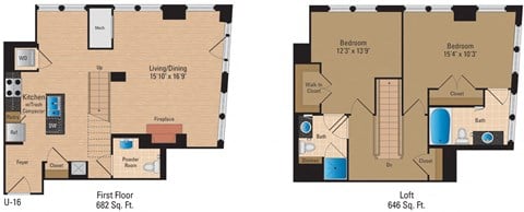 Floor plan for 2 beds, 2.5 baths, 1328 sqft