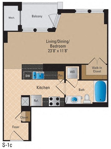 Floor plan for studio, 1 bath, 561 sqft