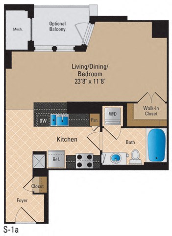Floor plan for studio, 1 bath, 556 sqft