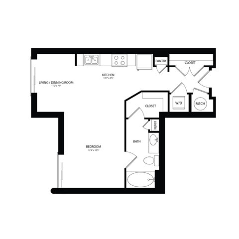 Floor plan for studio, 1 bath, 576 sqft