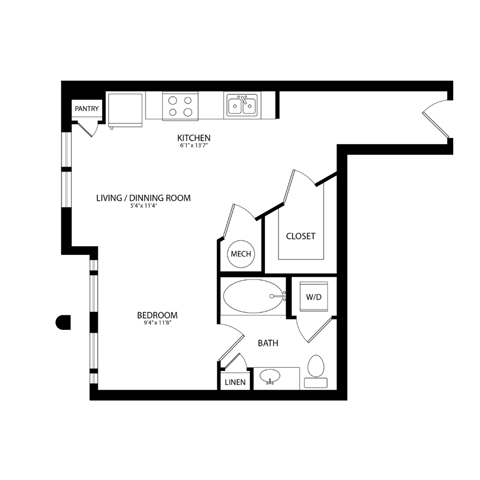 Floor plan for studio, 1 bath, 541 sqft