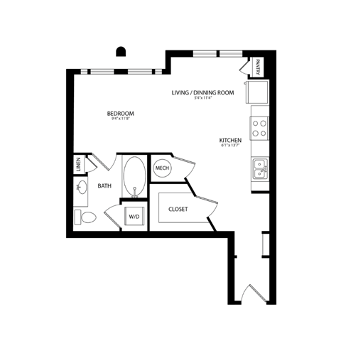 Floor plan for studio, 1 bath, 569 sqft
