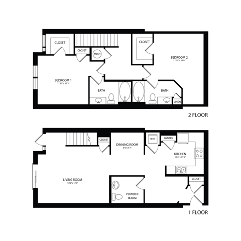 Floor plan for 2 beds, 2.5 baths, 1477 sqft