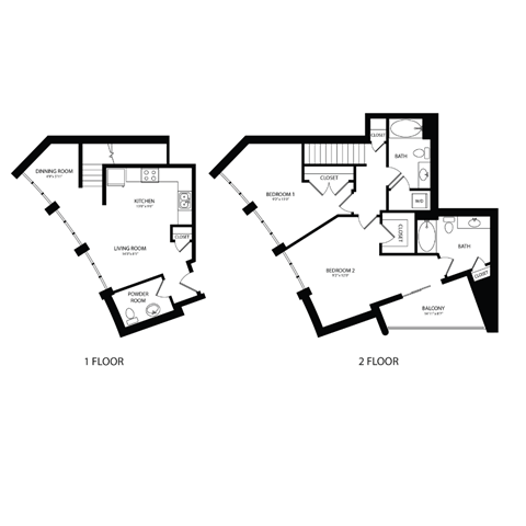 Floor plan for 2 beds, 2 baths, 1137 sqft