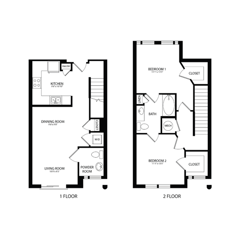 Floor plan for 2 beds, 2 baths, 1065 sqft