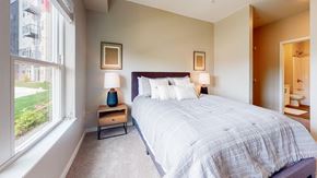Lakeville apartment for rent - A bedroom with a large bed and a window overlooking a green lawn.