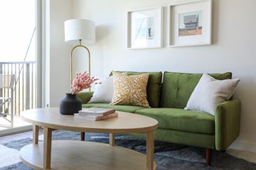 Plymouth apartment for rent - a living room with a green couch and a coffee table